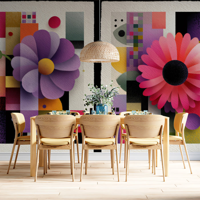 Modern Geometric Abstract Floral Mural Wallpaper | Purple Pink Paper-Cut Style, Graphic Minimalism