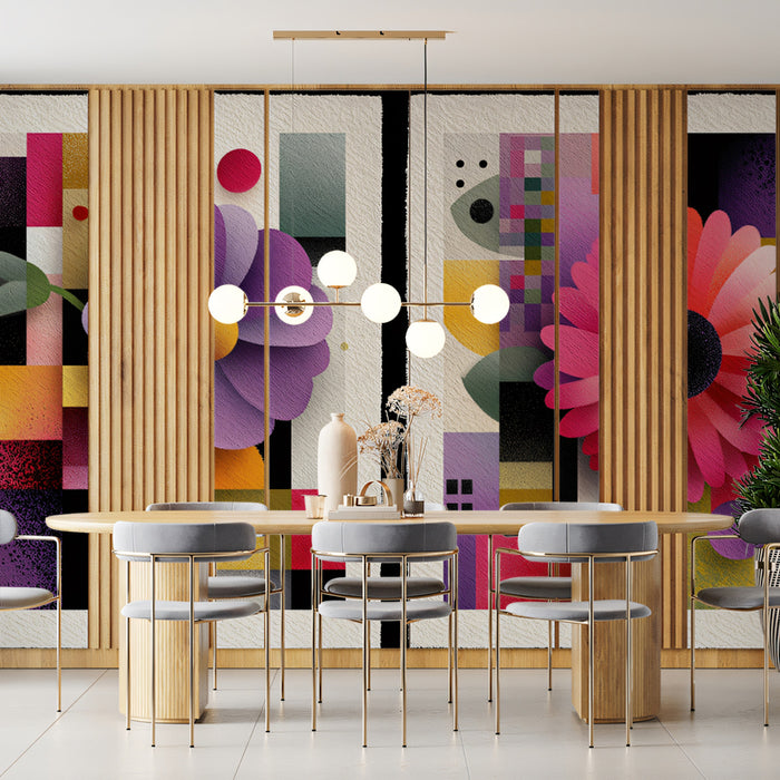 Modern Geometric Abstract Floral Mural Wallpaper | Purple Pink Paper-Cut Style, Graphic Minimalism