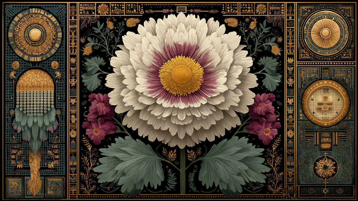 Celestial Mechanical Peony Mural Wallpaper | Ornate Gold and Black Mandala, Symbolic Floral Ar