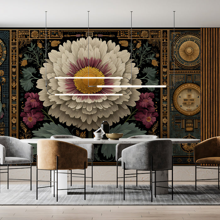 Celestial Mechanical Peony Mural Wallpaper | Ornate Gold and Black Mandala, Symbolic Floral Ar