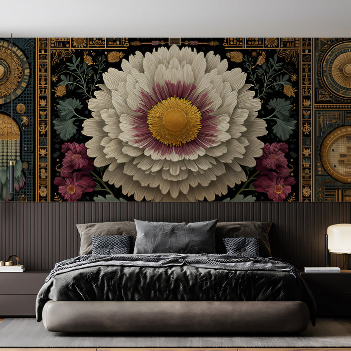 Celestial Mechanical Peony Mural Wallpaper | Ornate Gold and Black Mandala, Symbolic Floral Ar
