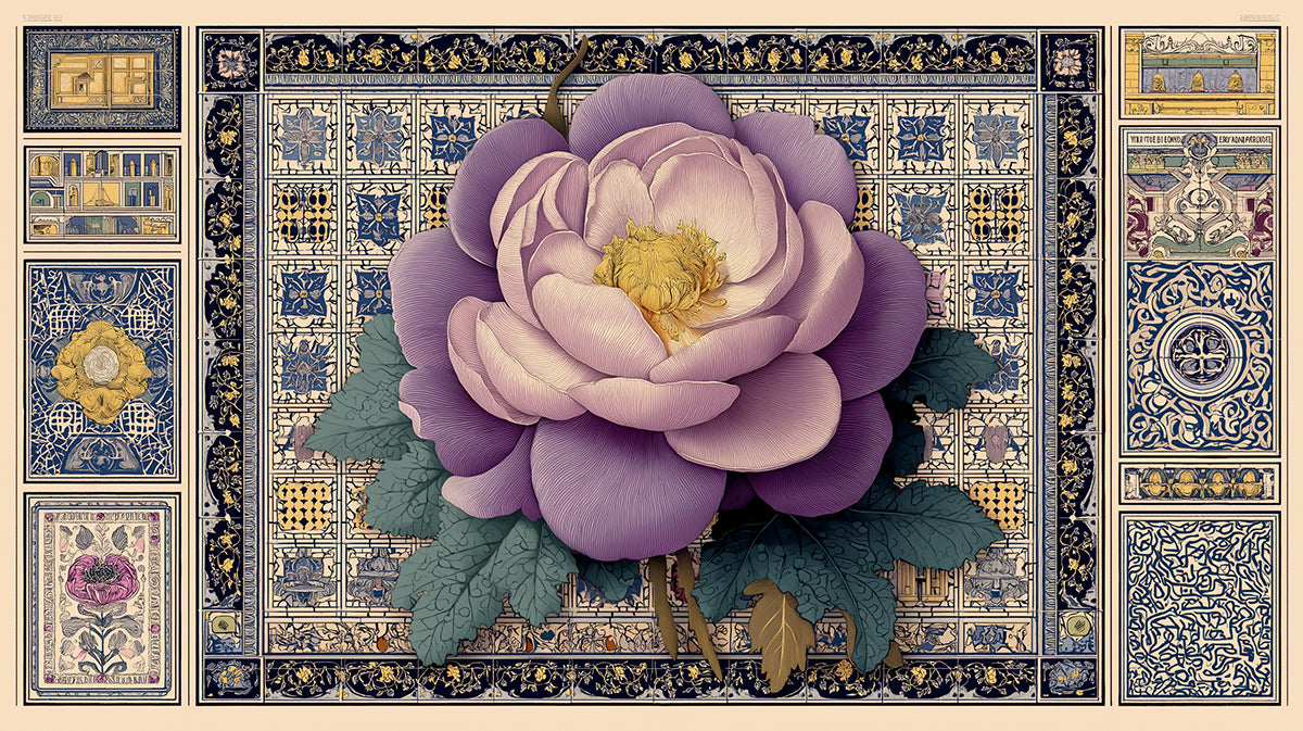 Eclectic Ornate Peony & Tile Mural Wallpaper | Large Purple Bloom, Detailed Traditional Motif Backdrop