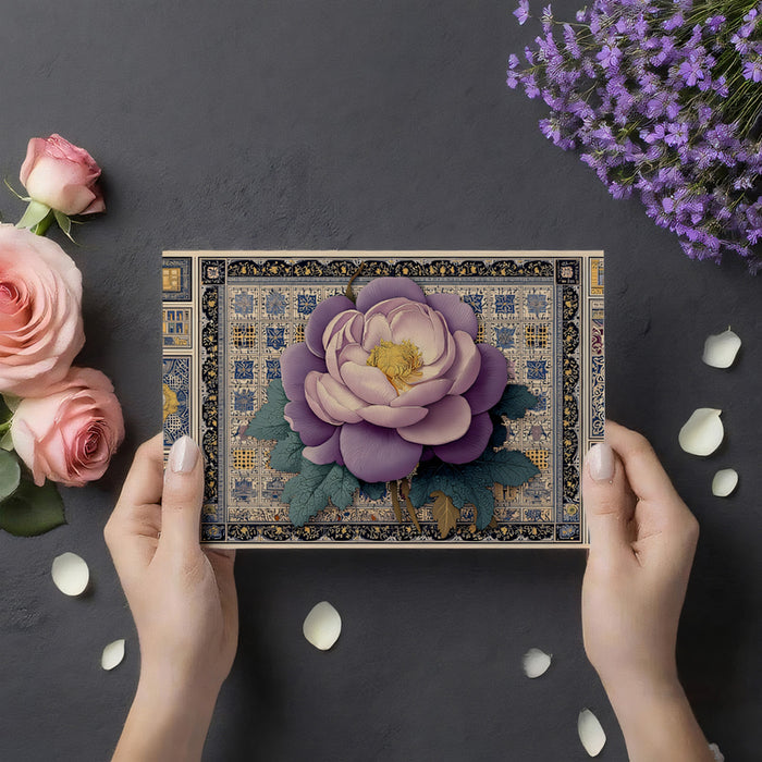 Eclectic Ornate Peony & Tile Mural Wallpaper | Large Purple Bloom, Detailed Traditional Motif Backdrop