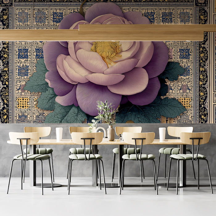Eclectic Ornate Peony & Tile Mural Wallpaper | Large Purple Bloom, Detailed Traditional Motif Backdrop