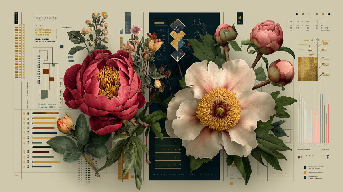 Vintage Peony Botanical Chart Mural Wallpaper | Scientific Floral Illustration, Antique Beige