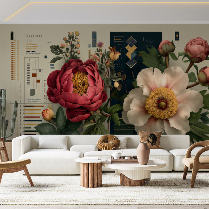 Vintage Peony Botanical Chart Mural Wallpaper | Scientific Floral Illustration, Antique Beige