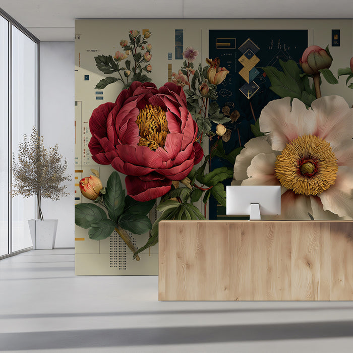 Vintage Peony Botanical Chart Mural Wallpaper | Scientific Floral Illustration, Antique Beige