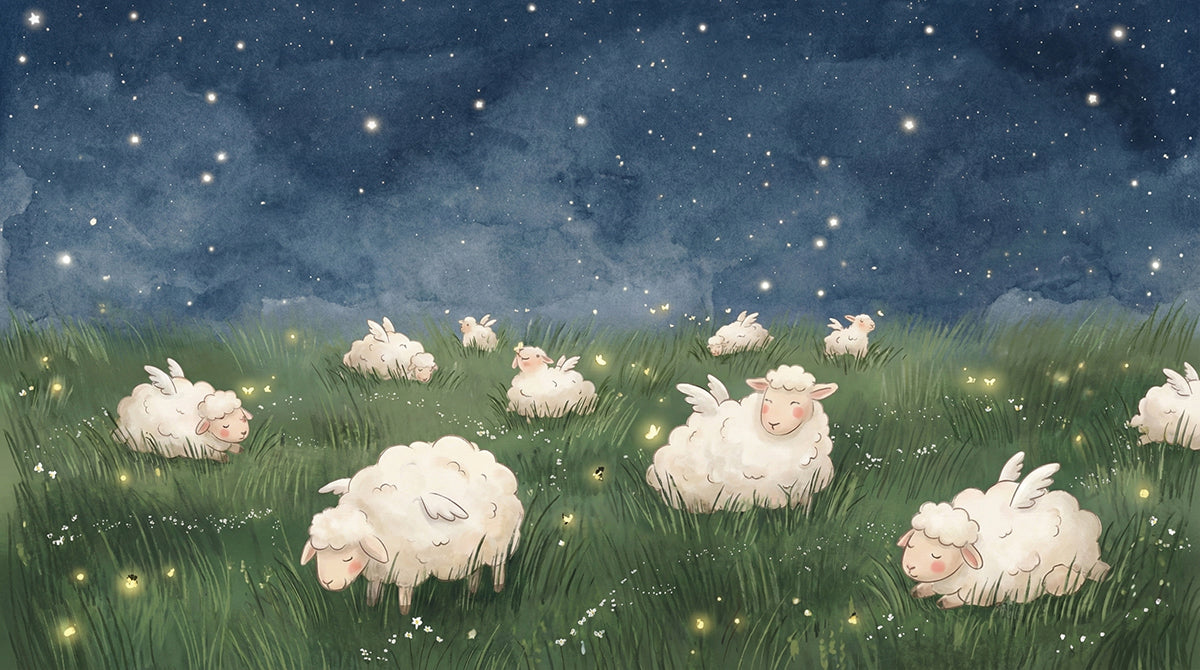 Dreamy Winged Sheep Starry Meadow Mural Wallpaper | Whimsical Watercolor, Magical Night Sky