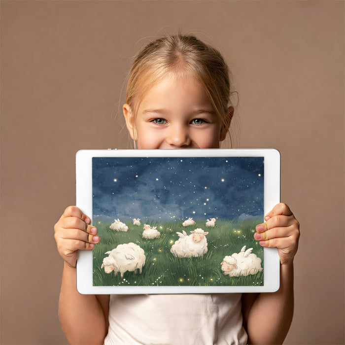 Dreamy Winged Sheep Starry Meadow Mural Wallpaper | Whimsical Watercolor, Magical Night Sky