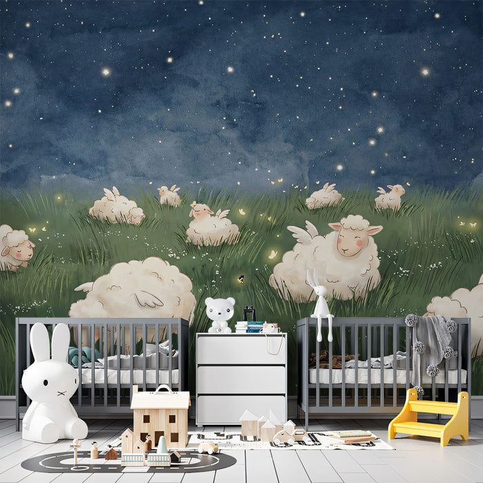 Dreamy Winged Sheep Starry Meadow Mural Wallpaper | Whimsical Watercolor, Magical Night Sky