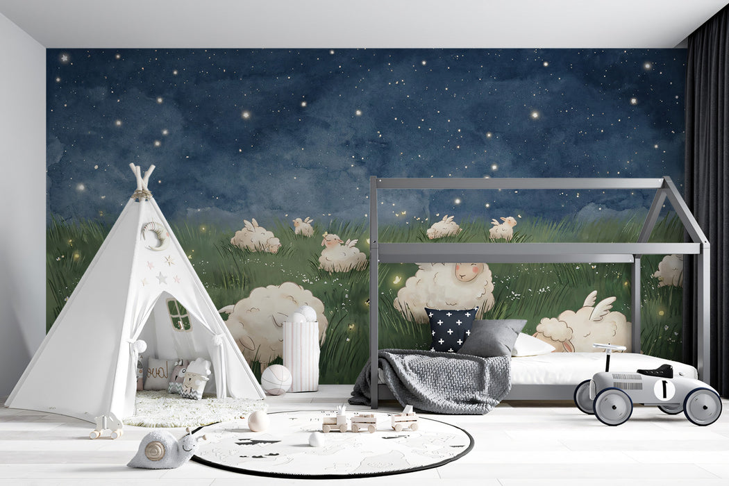 Dreamy Winged Sheep Starry Meadow Mural Wallpaper | Whimsical Watercolor, Magical Night Sky