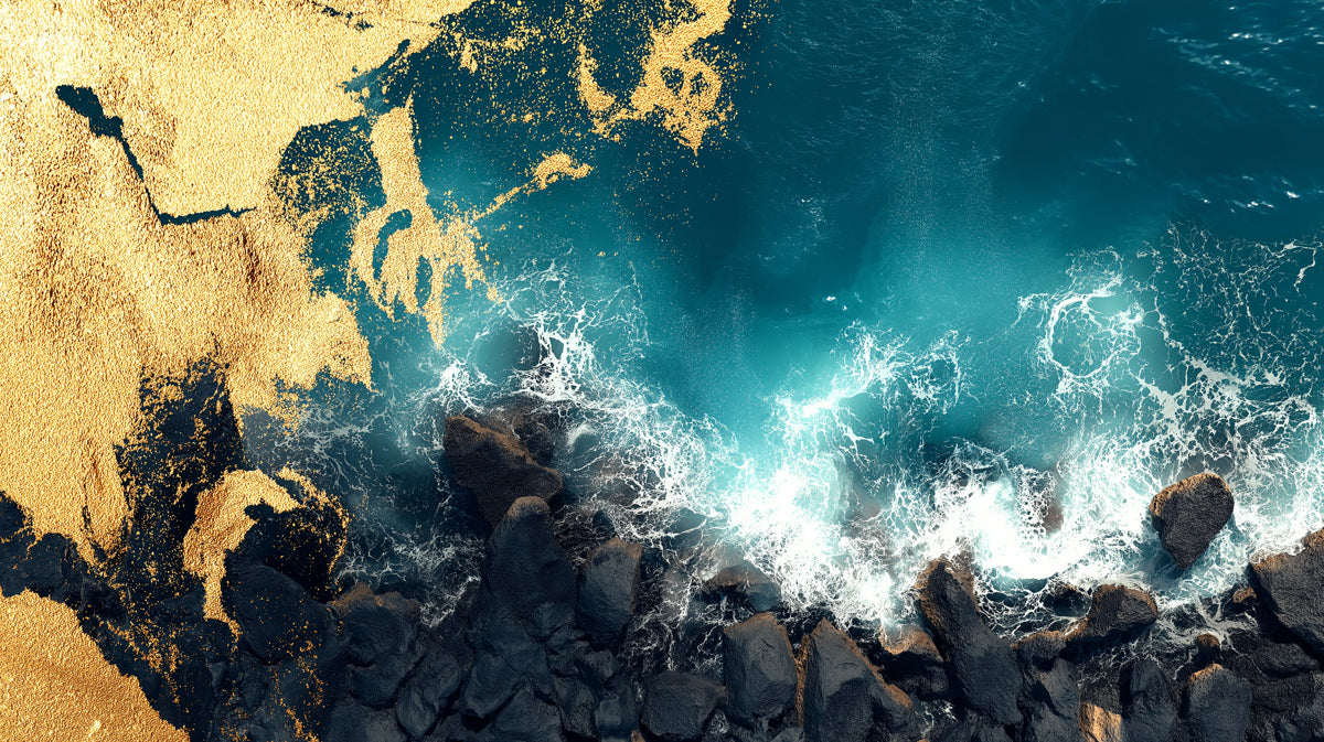 Aerial Coastal Waves with Gold Marbling Mural Wallpaper | Abstract Ocean Rocks, Luxury Teal Art