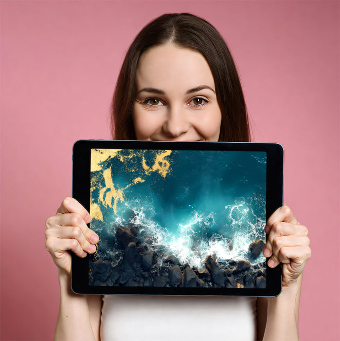 Aerial Coastal Waves with Gold Marbling Mural Wallpaper | Abstract Ocean Rocks, Luxury Teal Art