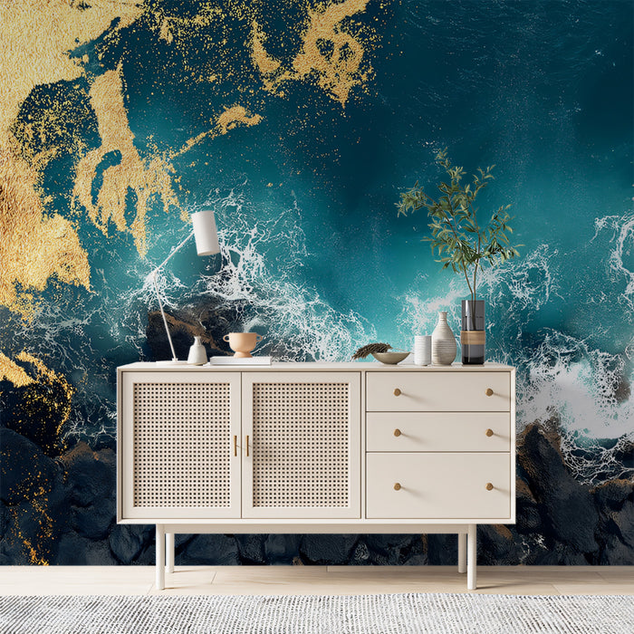 Aerial Coastal Waves with Gold Marbling Mural Wallpaper | Abstract Ocean Rocks, Luxury Teal Art