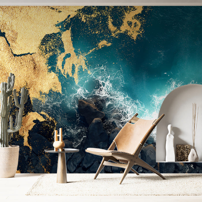 Aerial Coastal Waves with Gold Marbling Mural Wallpaper | Abstract Ocean Rocks, Luxury Teal Art