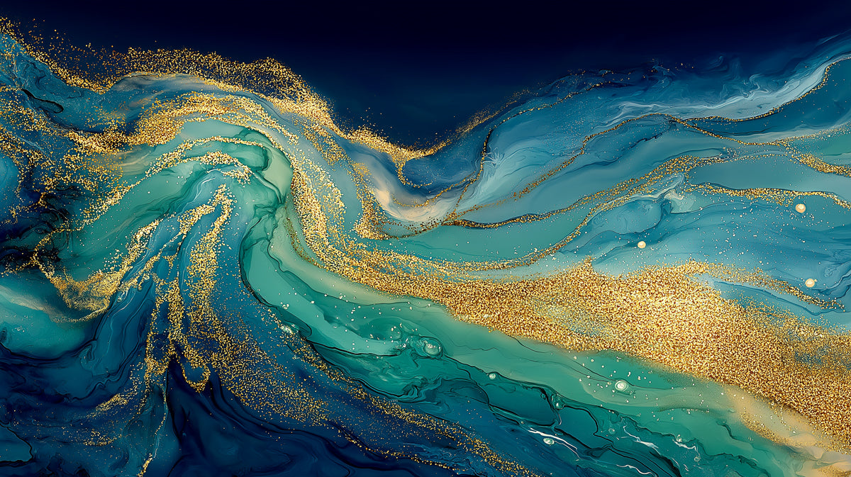 Deep Sea Gold Glitter Flow Mural Wallpaper | Abstract Teal Fluid Art, Shimmering Liquid Motion