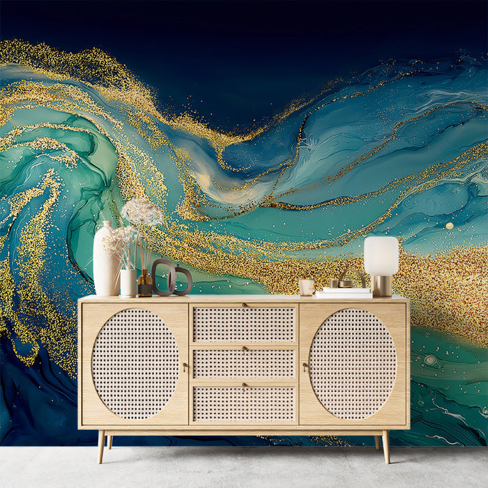Deep Sea Gold Glitter Flow Mural Wallpaper | Abstract Teal Fluid Art, Shimmering Liquid Motion