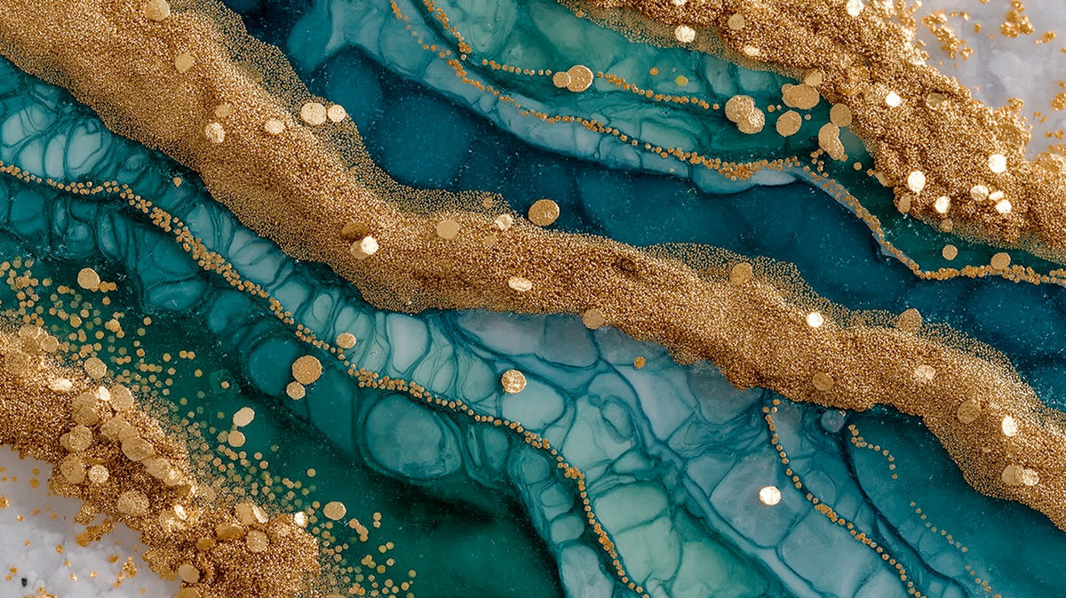 Teal Agate Gold Glitter Vein Mural Wallpaper | Abstract Gemstone Texture, Luxury Fluid Art