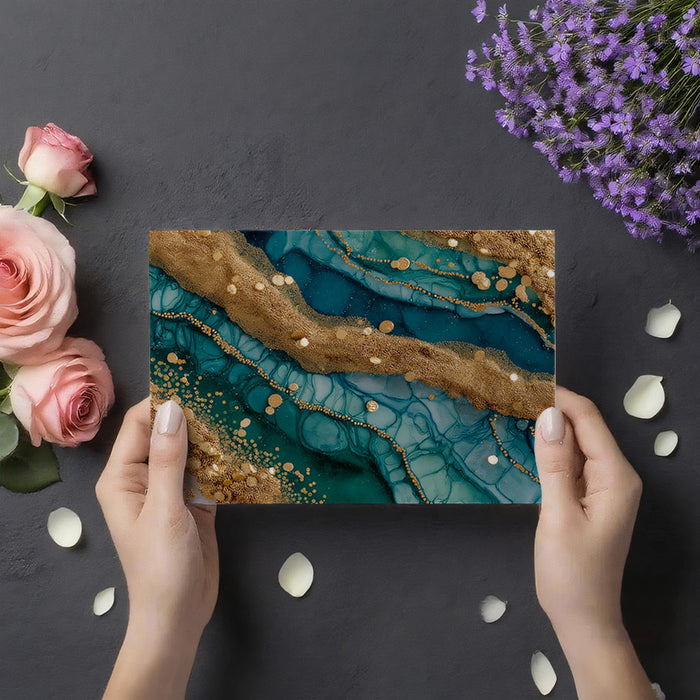 Teal Agate Gold Glitter Vein Mural Wallpaper | Abstract Gemstone Texture, Luxury Fluid Art