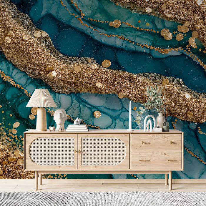 Teal Agate Gold Glitter Vein Mural Wallpaper | Abstract Gemstone Texture, Luxury Fluid Art