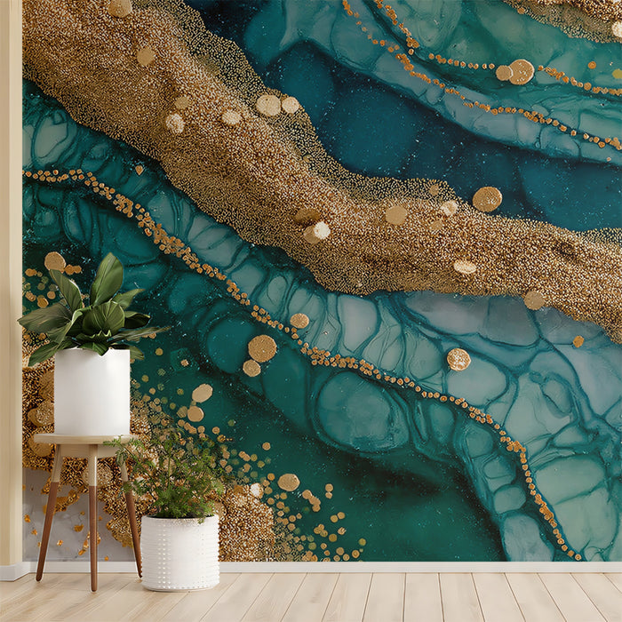 Teal Agate Gold Glitter Vein Mural Wallpaper | Abstract Gemstone Texture, Luxury Fluid Art