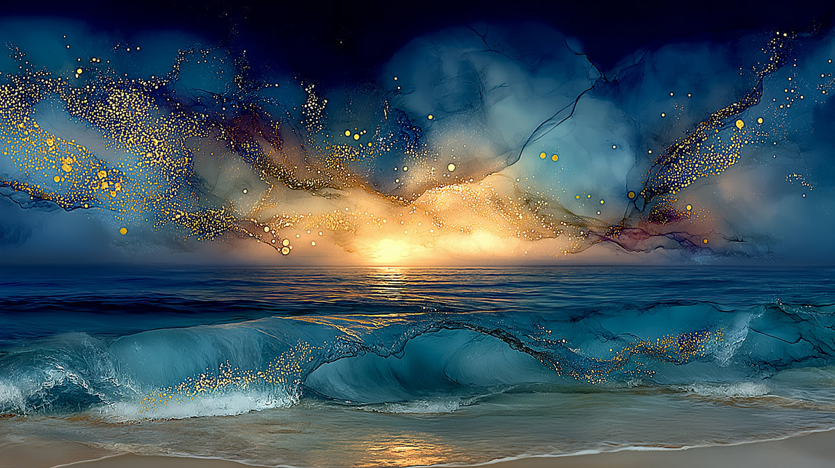 Glittering Cosmic Sunset Ocean Mural Wallpaper | Dark Blue Gold Sparkle Sky, Dramatic Seascape