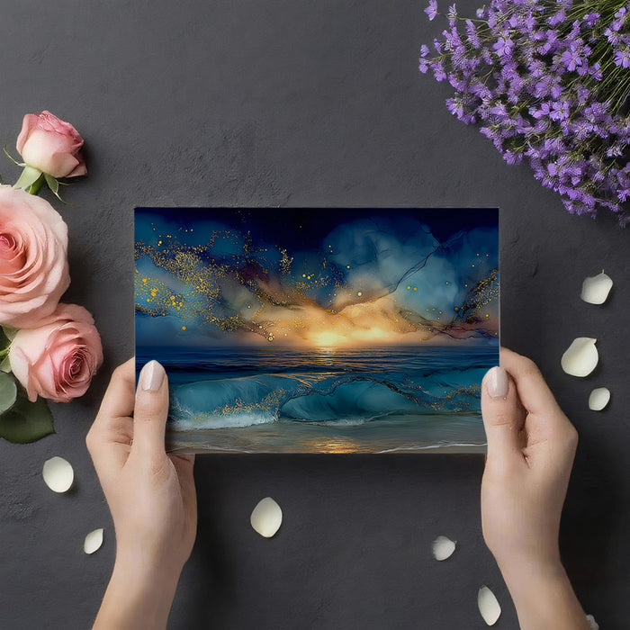 Glittering Cosmic Sunset Ocean Mural Wallpaper | Dark Blue Gold Sparkle Sky, Dramatic Seascape