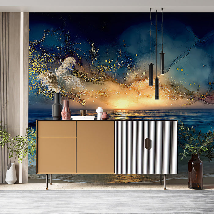 Glittering Cosmic Sunset Ocean Mural Wallpaper | Dark Blue Gold Sparkle Sky, Dramatic Seascape