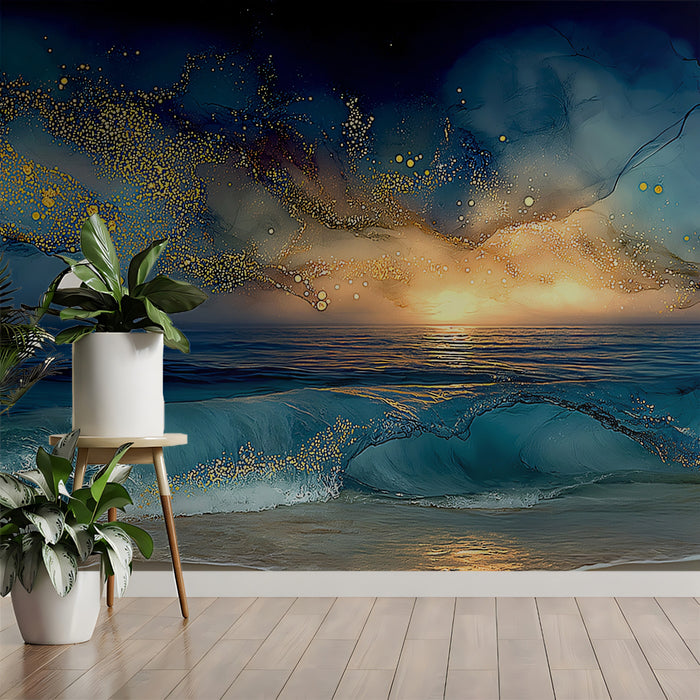 Glittering Cosmic Sunset Ocean Mural Wallpaper | Dark Blue Gold Sparkle Sky, Dramatic Seascape