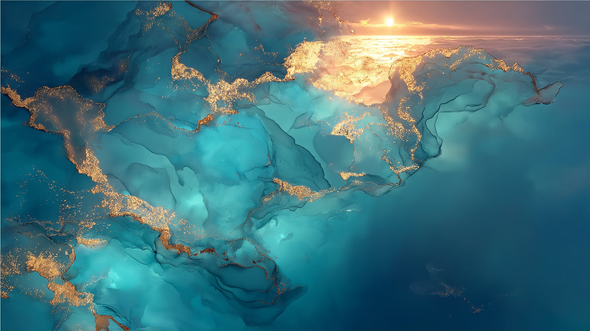 Turquoise Celestial Sunburst Fluid Mural Wallpaper | Abstract Gold Nebula, Luminous Liquid Art