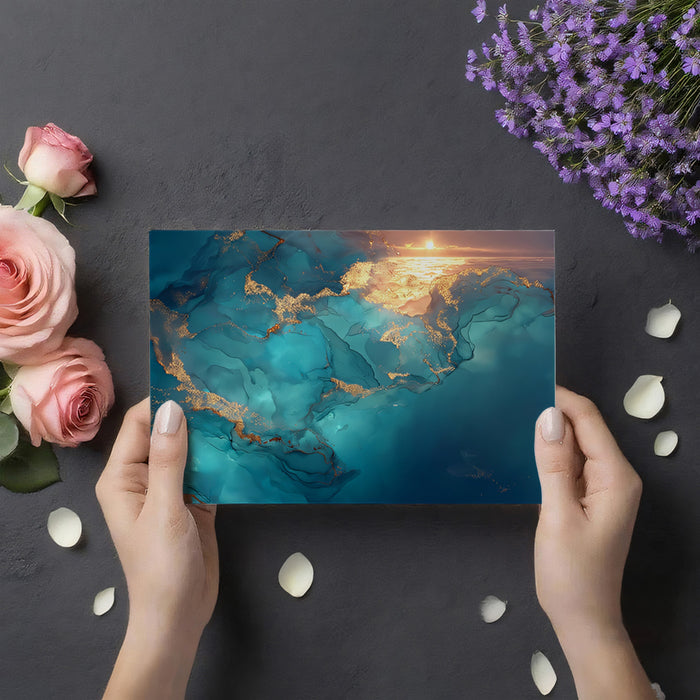 Turquoise Celestial Sunburst Fluid Mural Wallpaper | Abstract Gold Nebula, Luminous Liquid Art