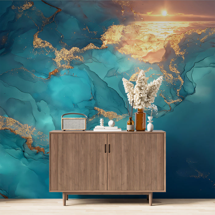 Turquoise Celestial Sunburst Fluid Mural Wallpaper | Abstract Gold Nebula, Luminous Liquid Art