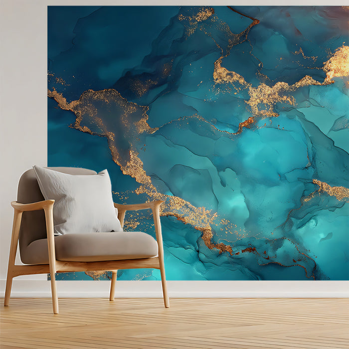 Turquoise Celestial Sunburst Fluid Mural Wallpaper | Abstract Gold Nebula, Luminous Liquid Art