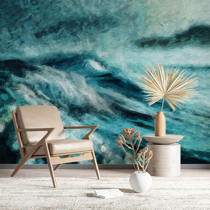 Textured Impressionist Ocean Waves Mural Wallpaper | Impasto Style Teal Seascape, Artistic Brushstrokes