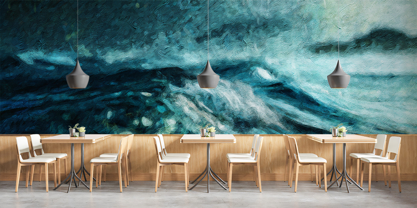 Textured Impressionist Ocean Waves Mural Wallpaper | Impasto Style Teal Seascape, Artistic Brushstrokes