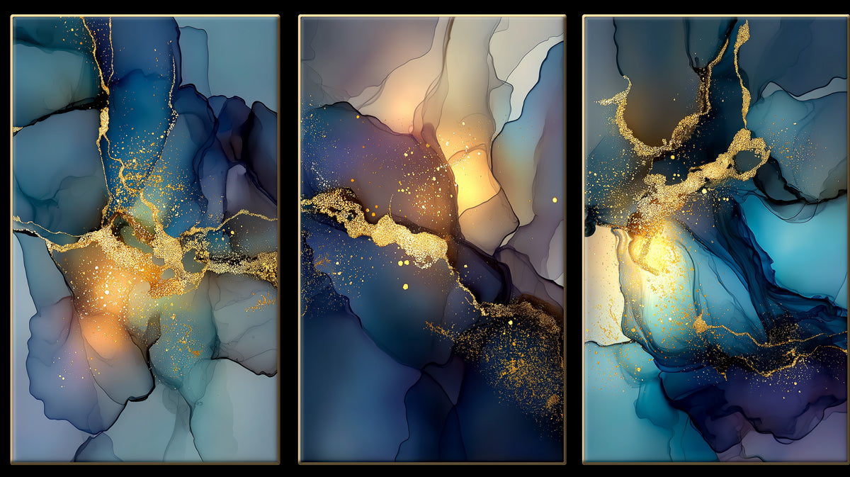Triptych Midnight Gold Abstract Mural Wallpaper | Modern Fluid Art Panel, Navy and Amber Nebula