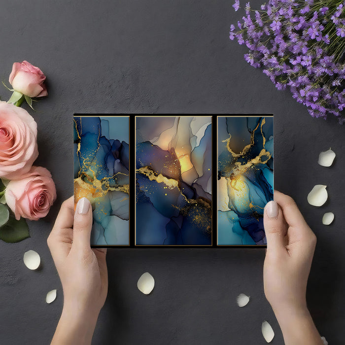 Triptych Midnight Gold Abstract Mural Wallpaper | Modern Fluid Art Panel, Navy and Amber Nebula