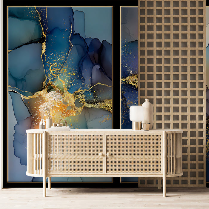 Triptych Midnight Gold Abstract Mural Wallpaper | Modern Fluid Art Panel, Navy and Amber Nebula