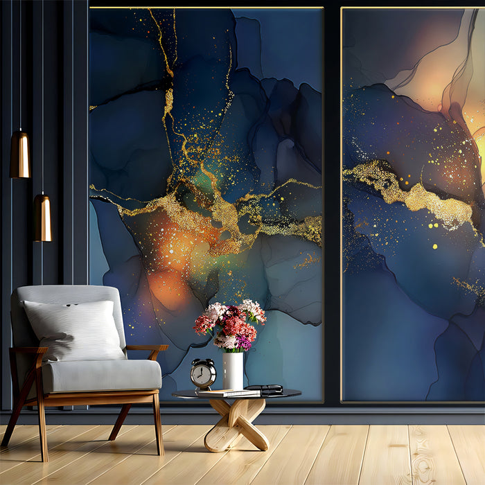 Triptych Midnight Gold Abstract Mural Wallpaper | Modern Fluid Art Panel, Navy and Amber Nebula