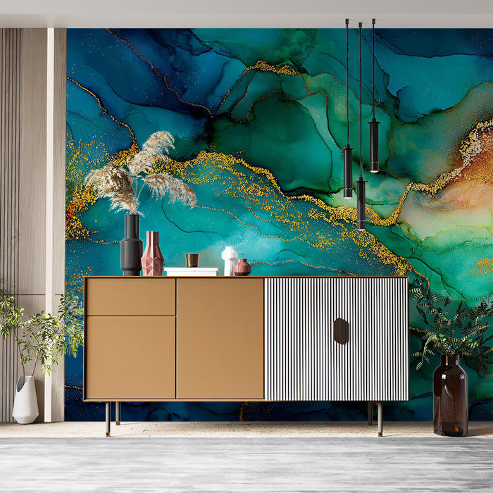 Emerald Core Gold Nebula Fluid Mural Wallpaper | Abstract Liquid Gemstone, Vibrant Teal Glow