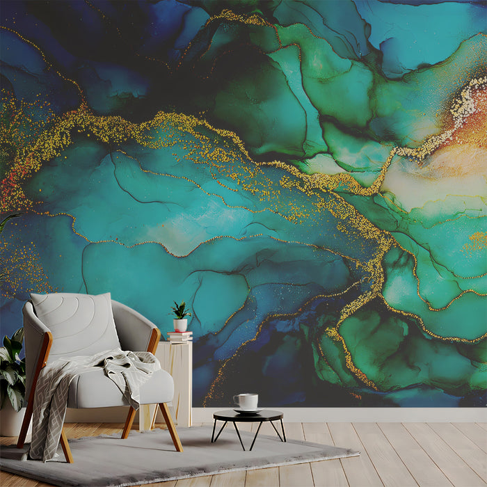 Emerald Core Gold Nebula Fluid Mural Wallpaper | Abstract Liquid Gemstone, Vibrant Teal Glow