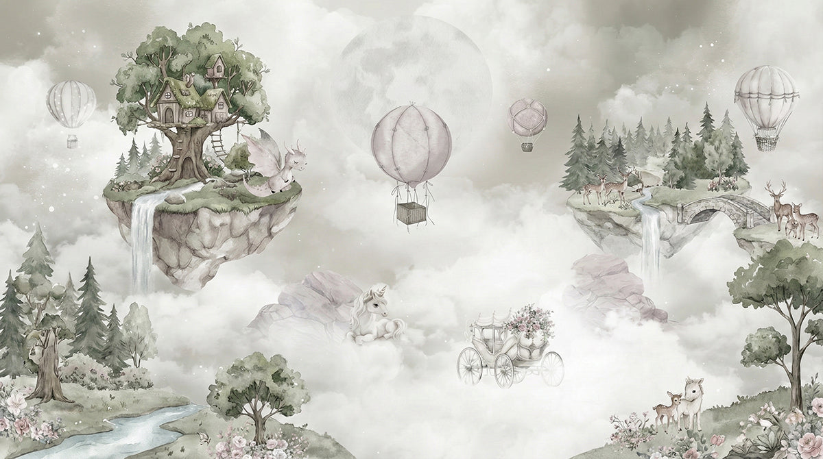 Enchanted Floating Islands Fantasy Mural Wallpaper | Whimsical Storybook Kingdom, Nursery Decor