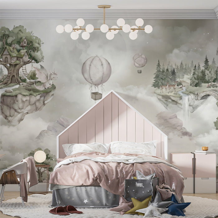 Enchanted Floating Islands Fantasy Mural Wallpaper | Whimsical Storybook Kingdom, Nursery Decor
