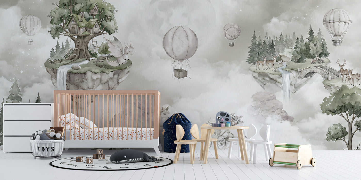 Enchanted Floating Islands Fantasy Mural Wallpaper | Whimsical Storybook Kingdom, Nursery Decor