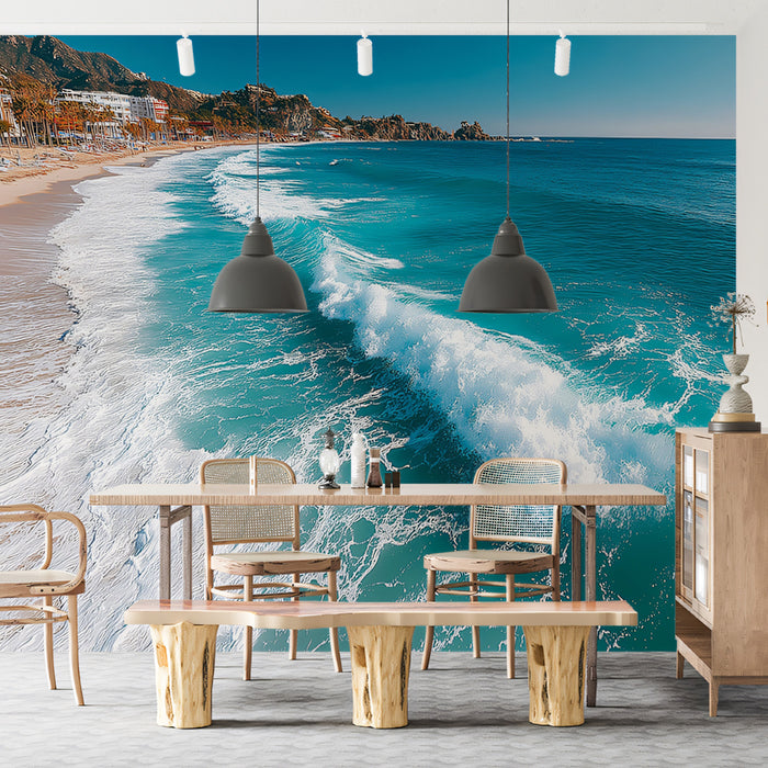 Cinematic Turquoise Ocean Wave Mural Wallpaper | Tropical Beach Horizon, Serene Coastal Photography