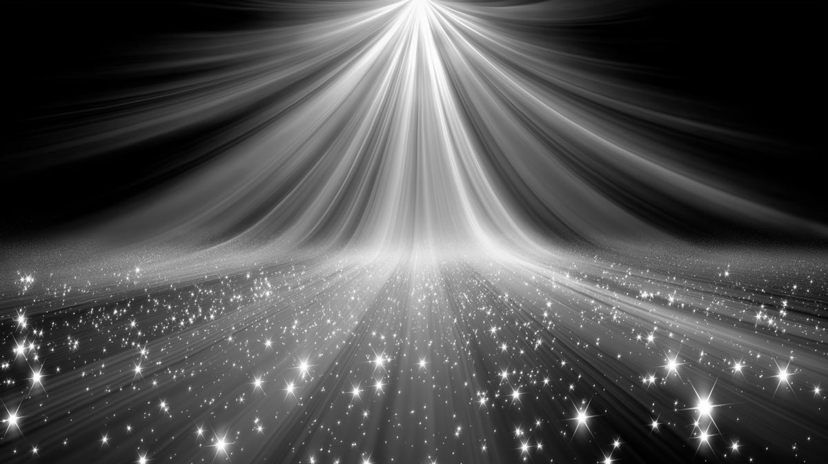 Ethereal Light Rays & Sparkling Dust Mural Wallpaper | Dramatic B&W Cinematic Atmosphere, Starry Path