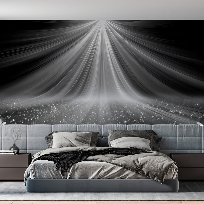 Ethereal Light Rays & Sparkling Dust Mural Wallpaper | Dramatic B&W Cinematic Atmosphere, Starry Path
