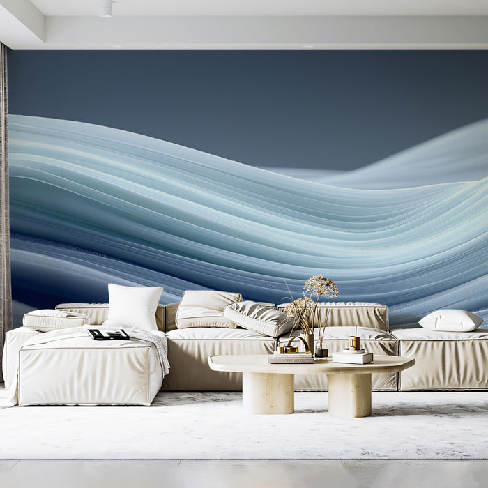 Minimalist 3D Fluid Liquid Waves Mural Wallpaper | Soft Blue Grey Gradient, Contemporary Texture