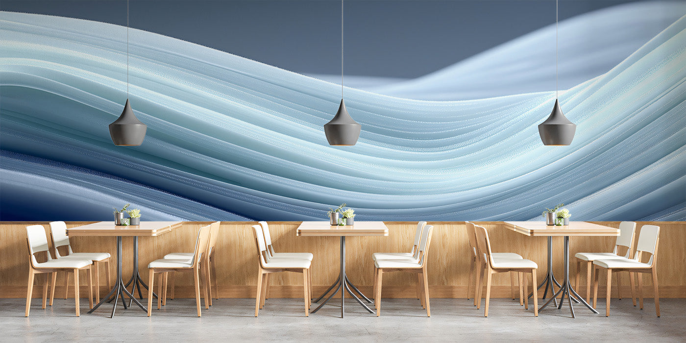 Minimalist 3D Fluid Liquid Waves Mural Wallpaper | Soft Blue Grey Gradient, Contemporary Texture