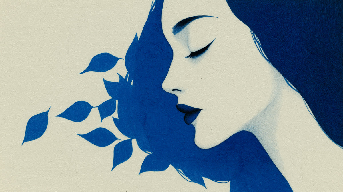 Graphic Blue Leaf Profile Mural Wallpaper | Minimalist Female Silhouette, Modern Organic Art